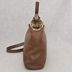 Michael Kors Fulton Crossbody Bag Pebbled Leather Luggage Tan Gold Hardware